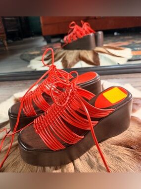 Free People Red Strappy Platform Slide Sandals
